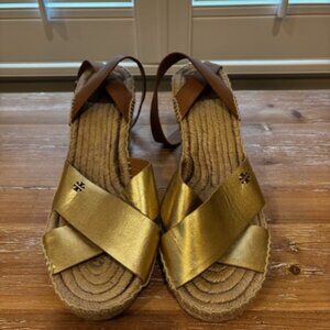 Tory Burch Gold and Tan Leather Bima Espadrilles Women’s Size 10.5M